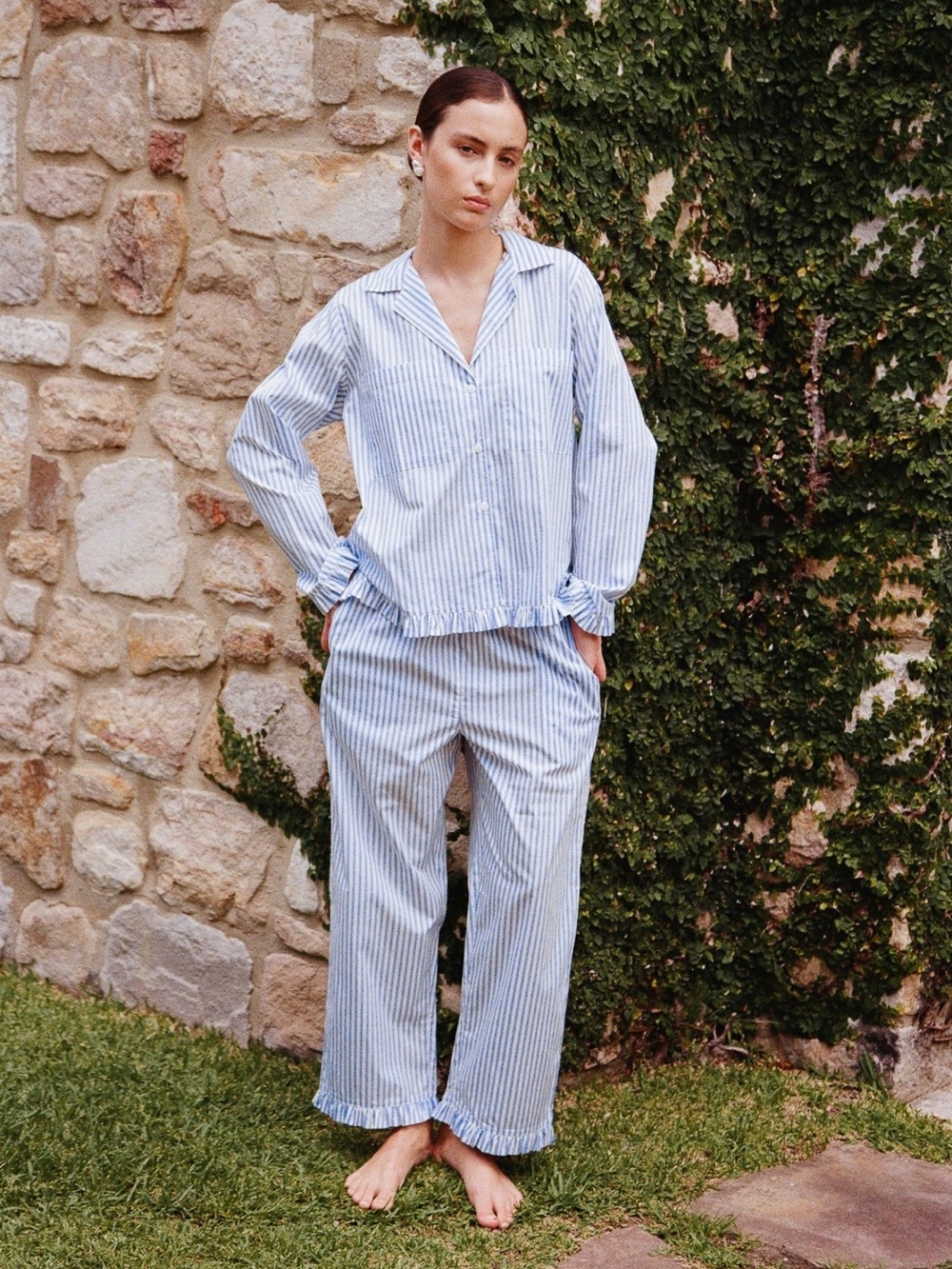 New Piyama Felicity Frill Pant Set in blue and white stripe size xs